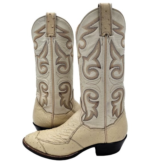 Vintage Cowboy Boots Quill Ostrich Cream Ivory Sanders Men's 7.5D Western Boots - Picture 11 of 16